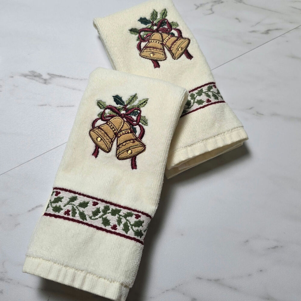 Vintage Ritz Embroidered Jingle Bells set of 2 Hand Towels